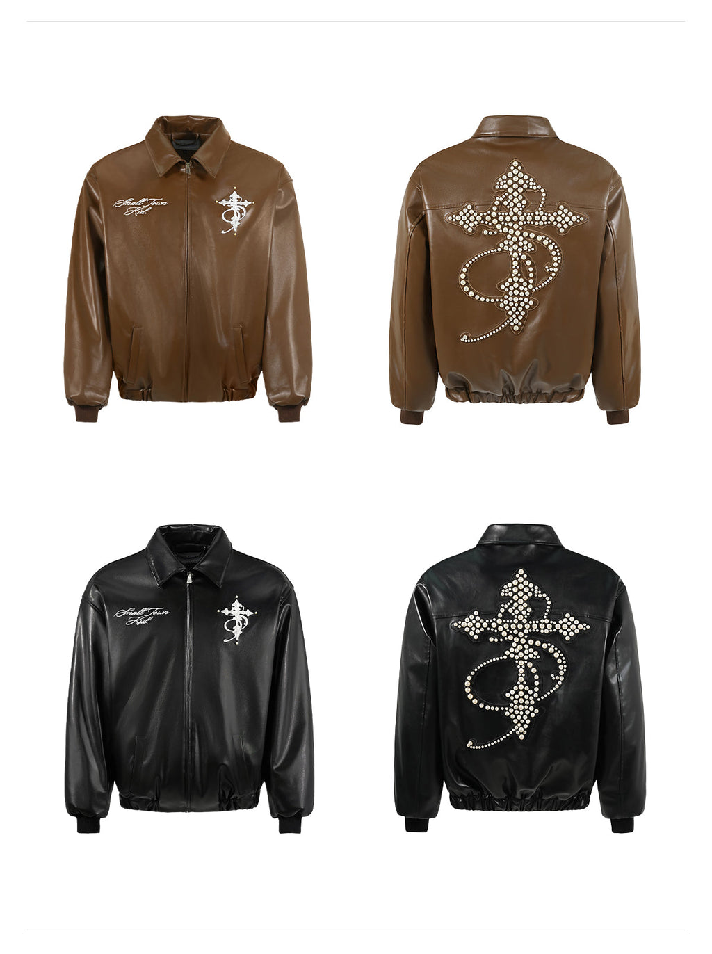 Small Town Kid Pearl Cross Logo PU Leather Racing Jacket