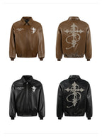 Small Town Kid Pearl Cross Logo PU Leather Racing Jacket