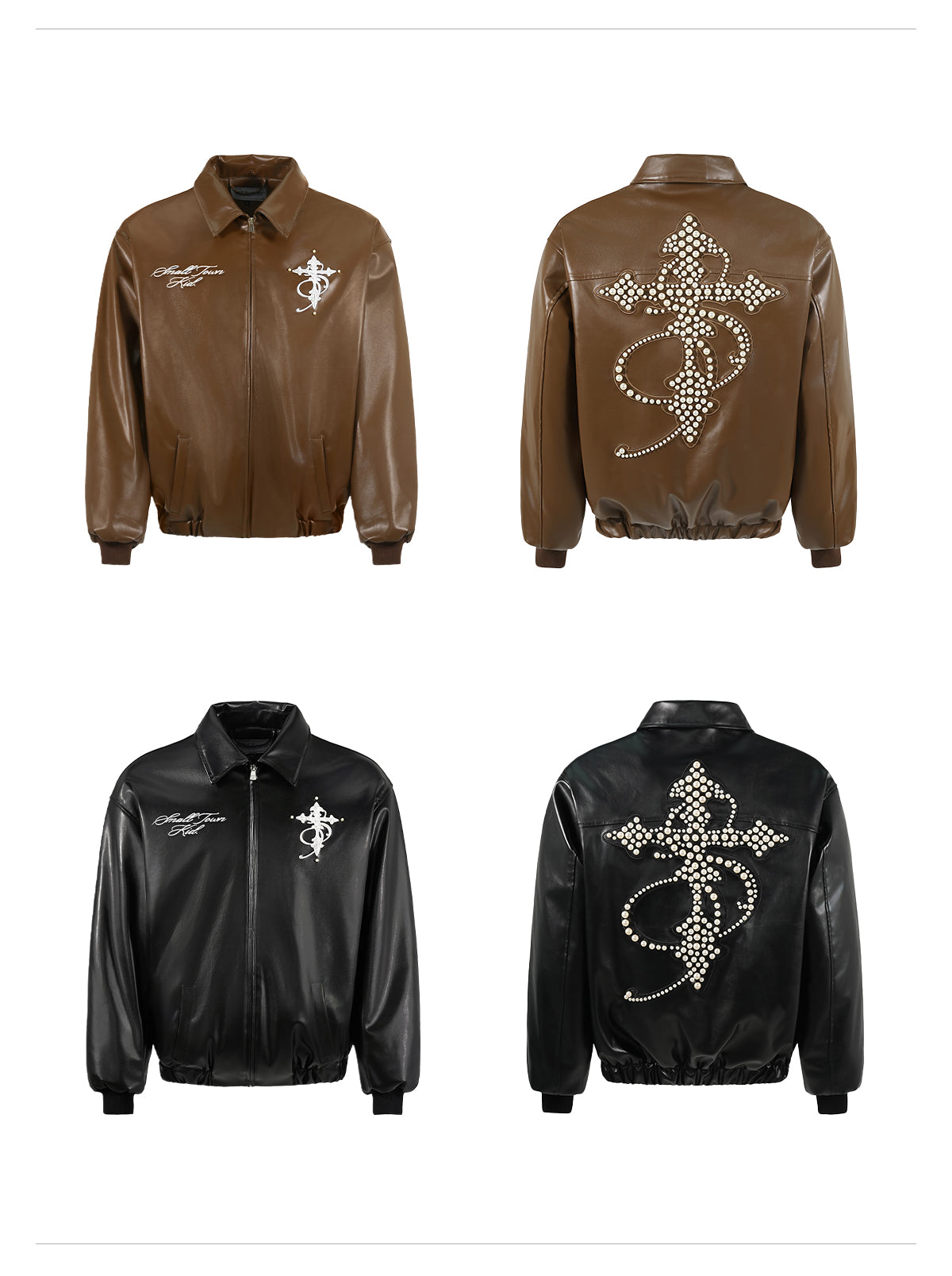 Small Town Kid Pearl Cross Logo PU Leather Racing Jacket