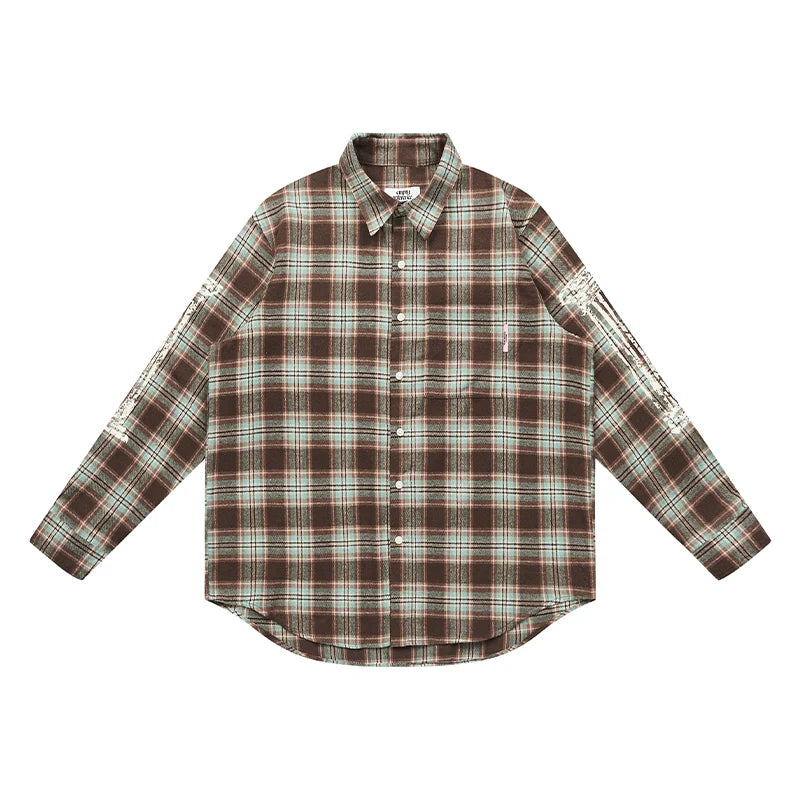 EMPTY REFERENCE Roman Column Print Plaid Long Sleeve Shirt