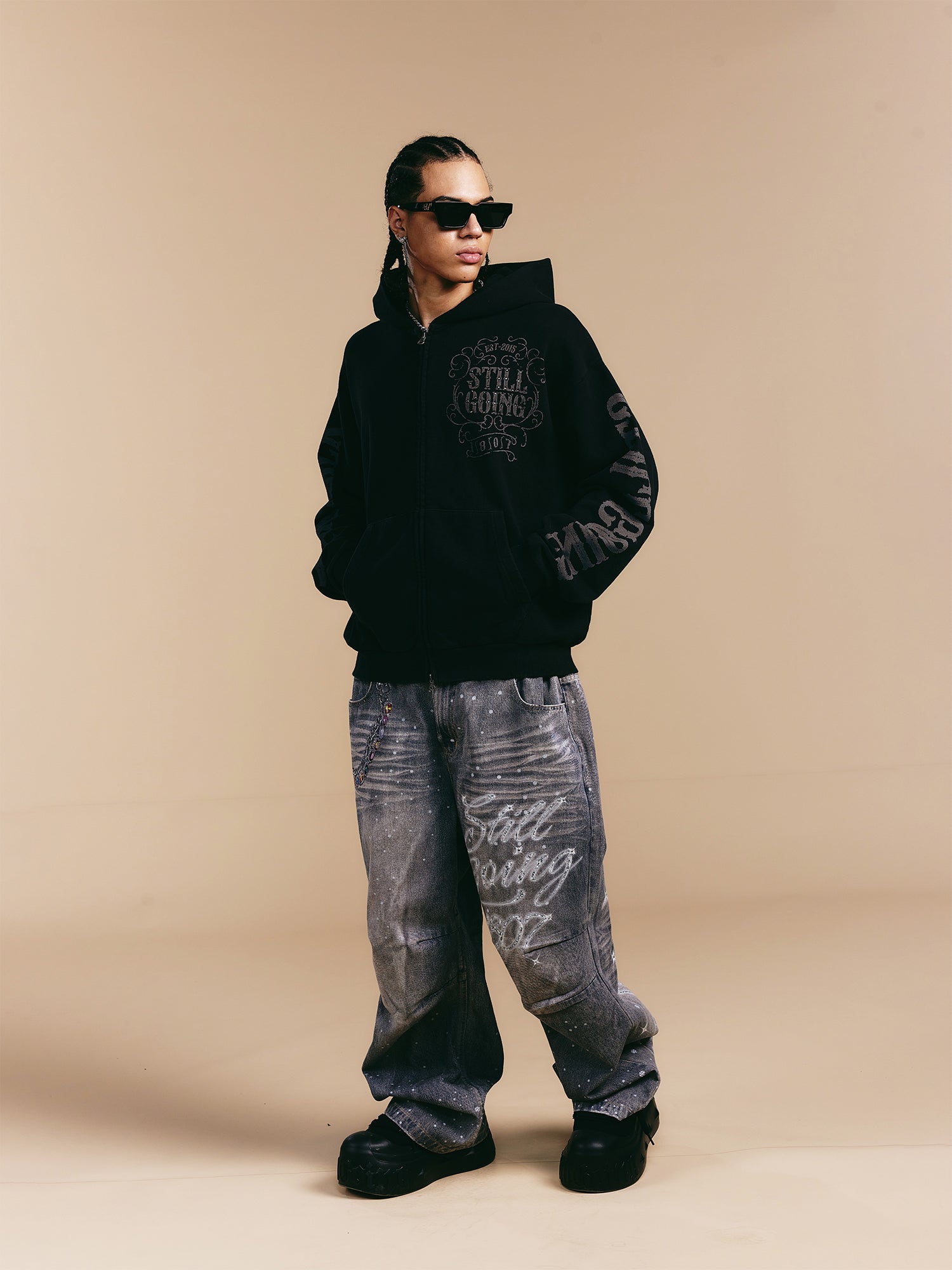 1807 Swarovski Crystal Diamond Washed Zip Up Hoodie
