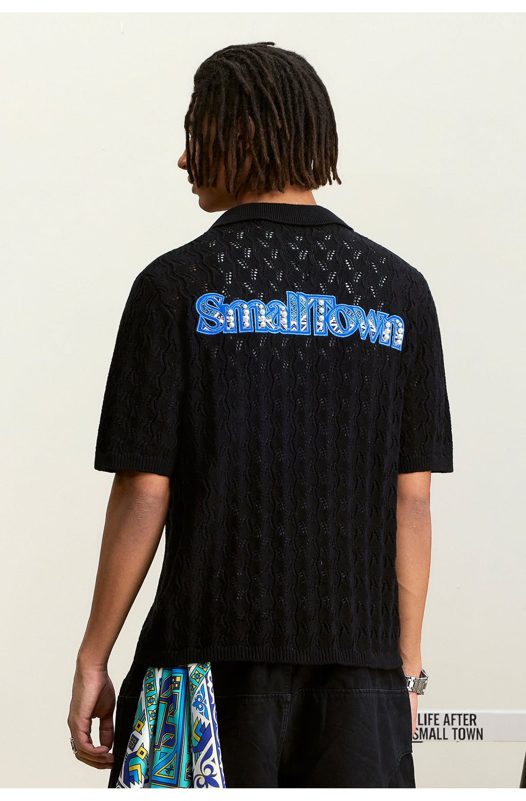 Small Town Kid Ethnic Logo Patch Crochet Knit Hawaiian Shirt