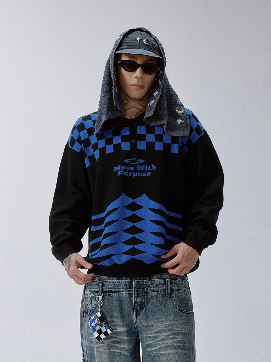 F2CE Checkerboard Pattern Polo Knit Sweater