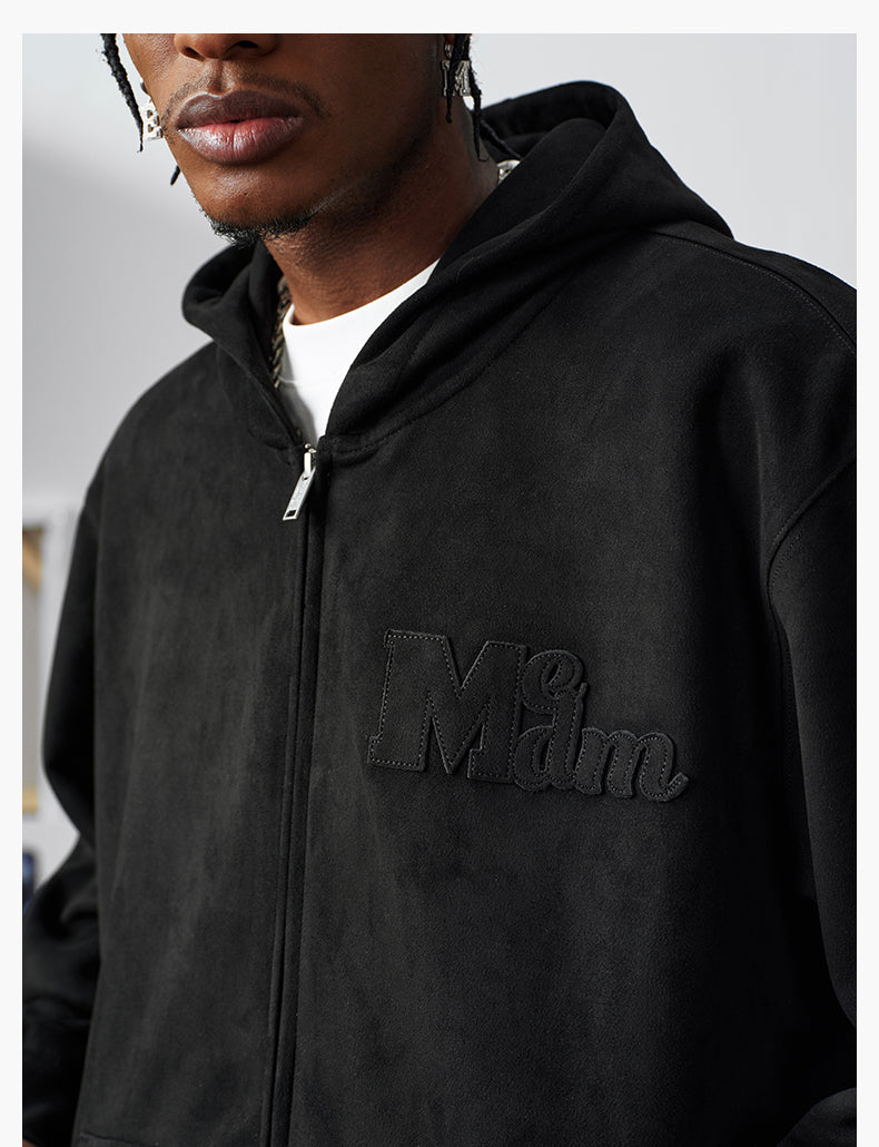 MEDM Suede Logo Patch Zip-Up Hoodie