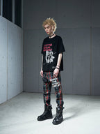 VENTUREK Double Layer Multi Zipper Destroyed Punk Rock Print Tee