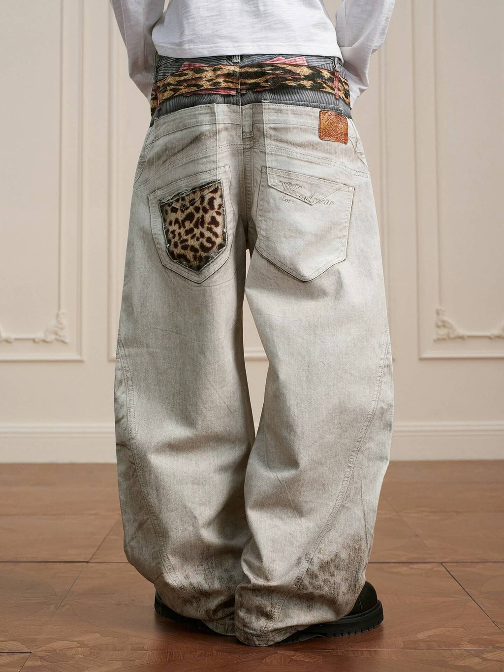 YADcrew Leopard Belt Double Waist 3D Digital Print Machete Jeans