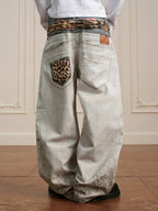 YADcrew Leopard Belt Double Waist 3D Digital Print Machete Jeans