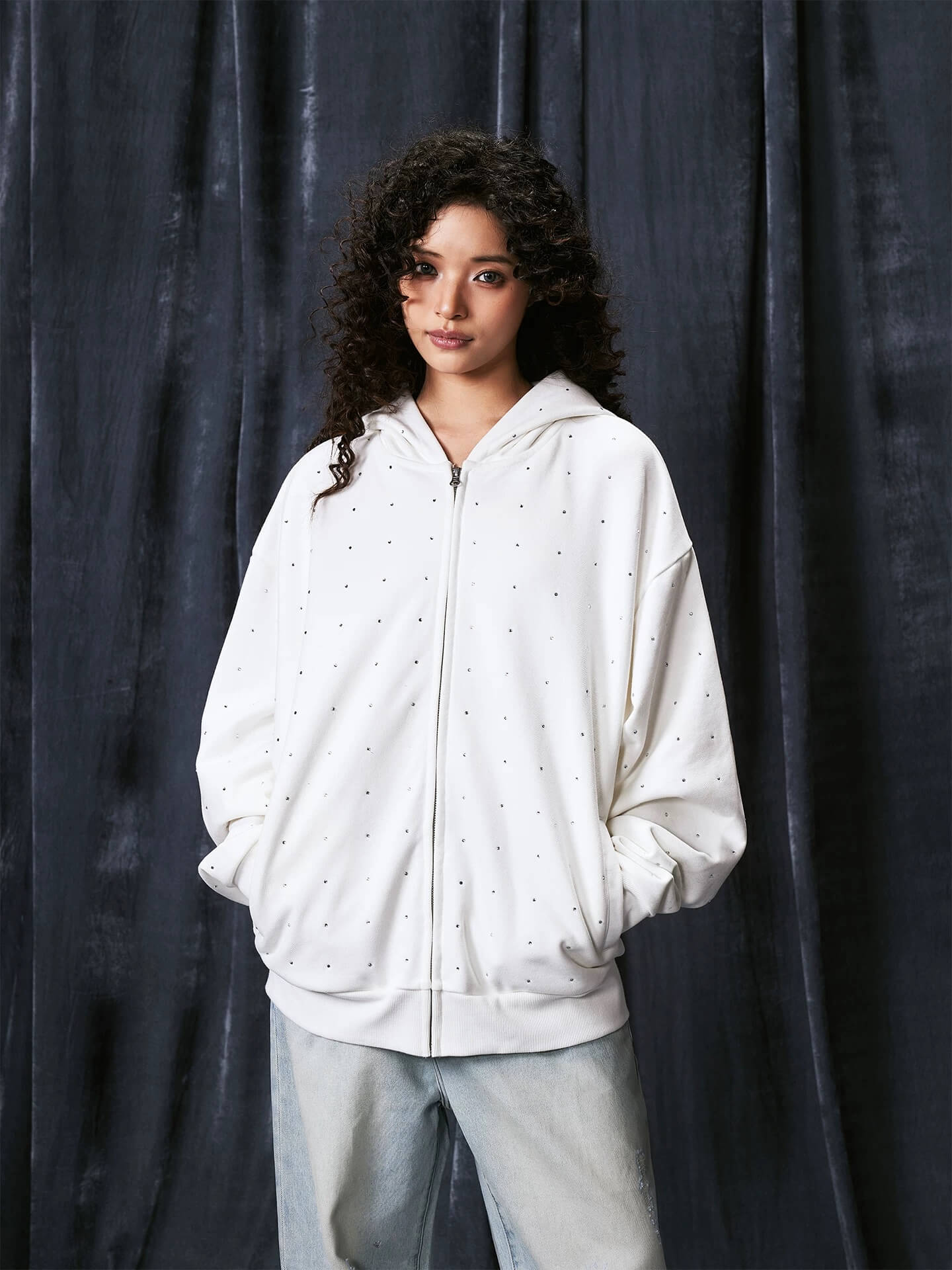 1807 Rhinestone Embellished Zip Up Hoodie