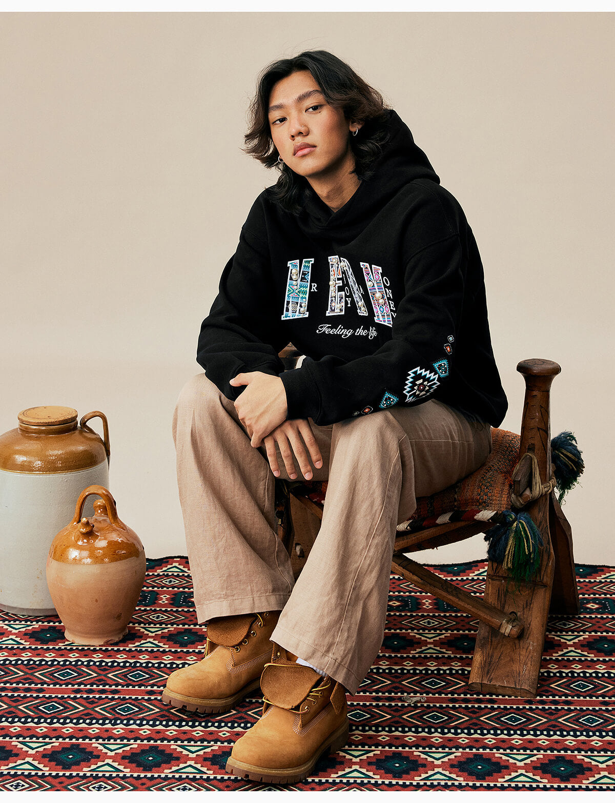 MEDM Ethnic Embroidered Patch Pearl Oversized Hoodie
