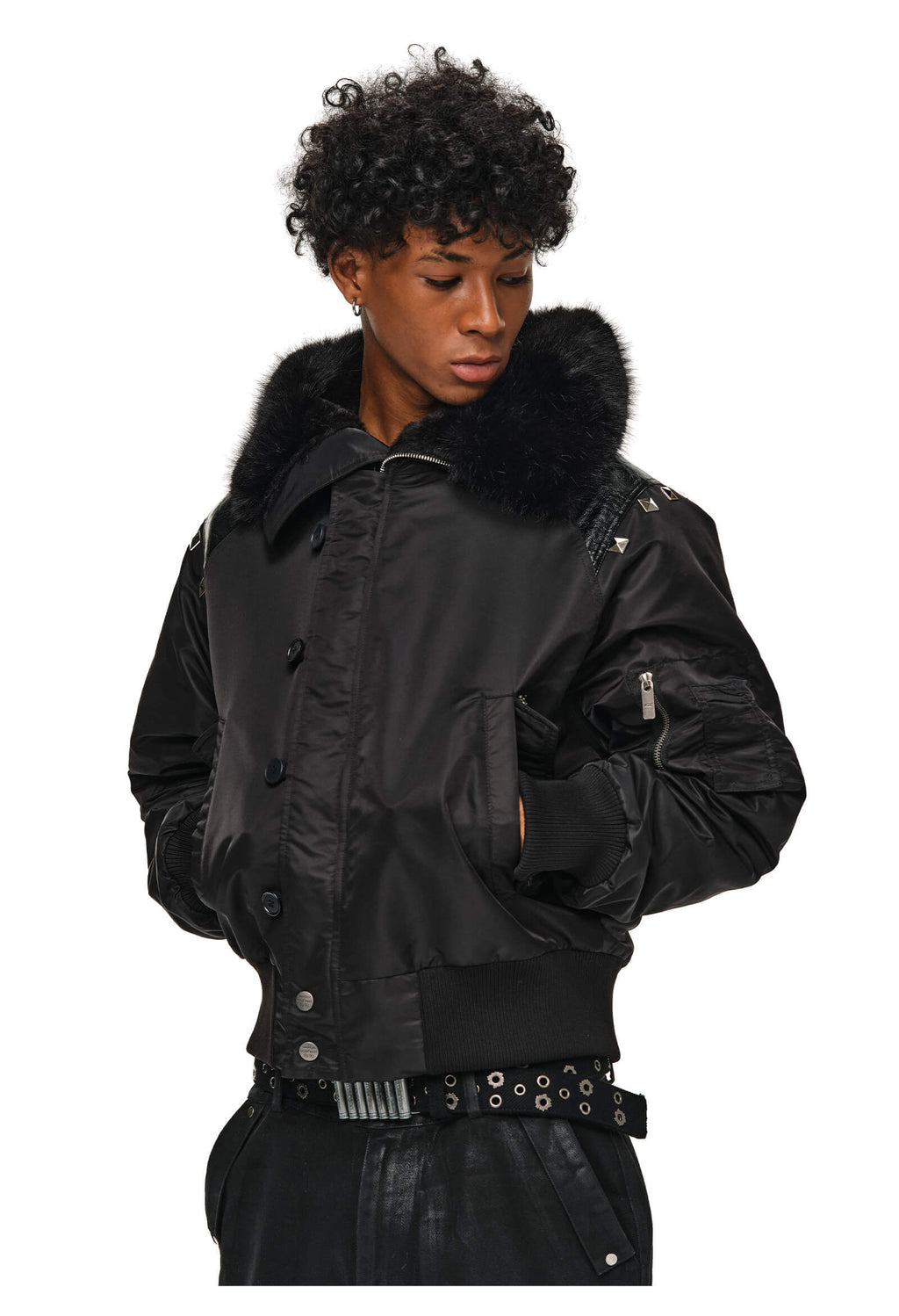 ANTIDOTE Fur Leather Studded N2B Bomber Jacket