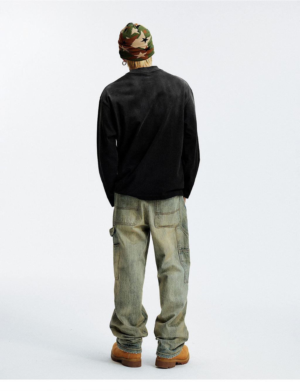 MEDM Frayed Logo Patch Washed Distressed Long Sleeve Tee