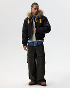 MEDM Animal Logo Patch Fur Hooded Bomber Jacket