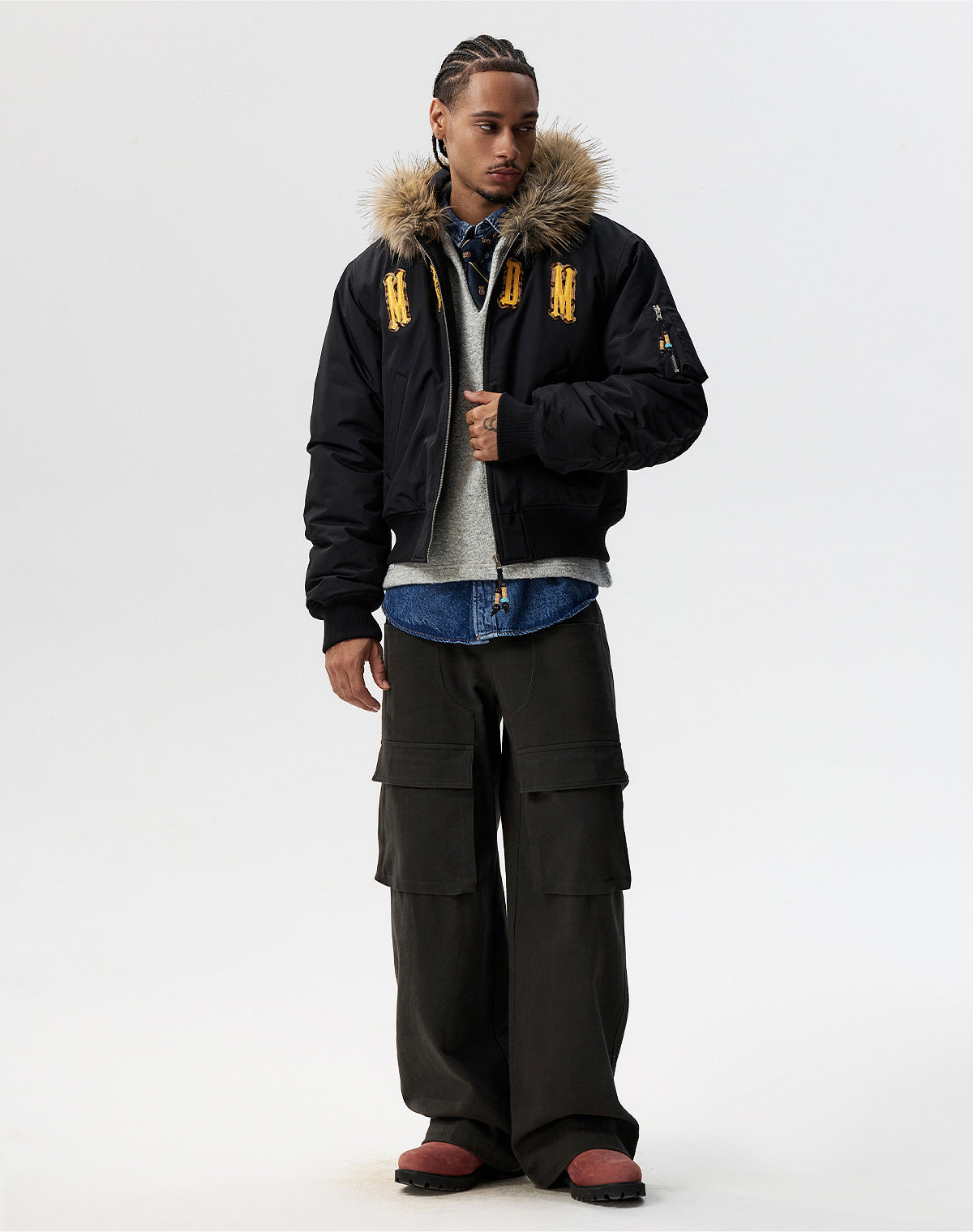 MEDM Animal Logo Patch Fur Hooded Bomber Jacket