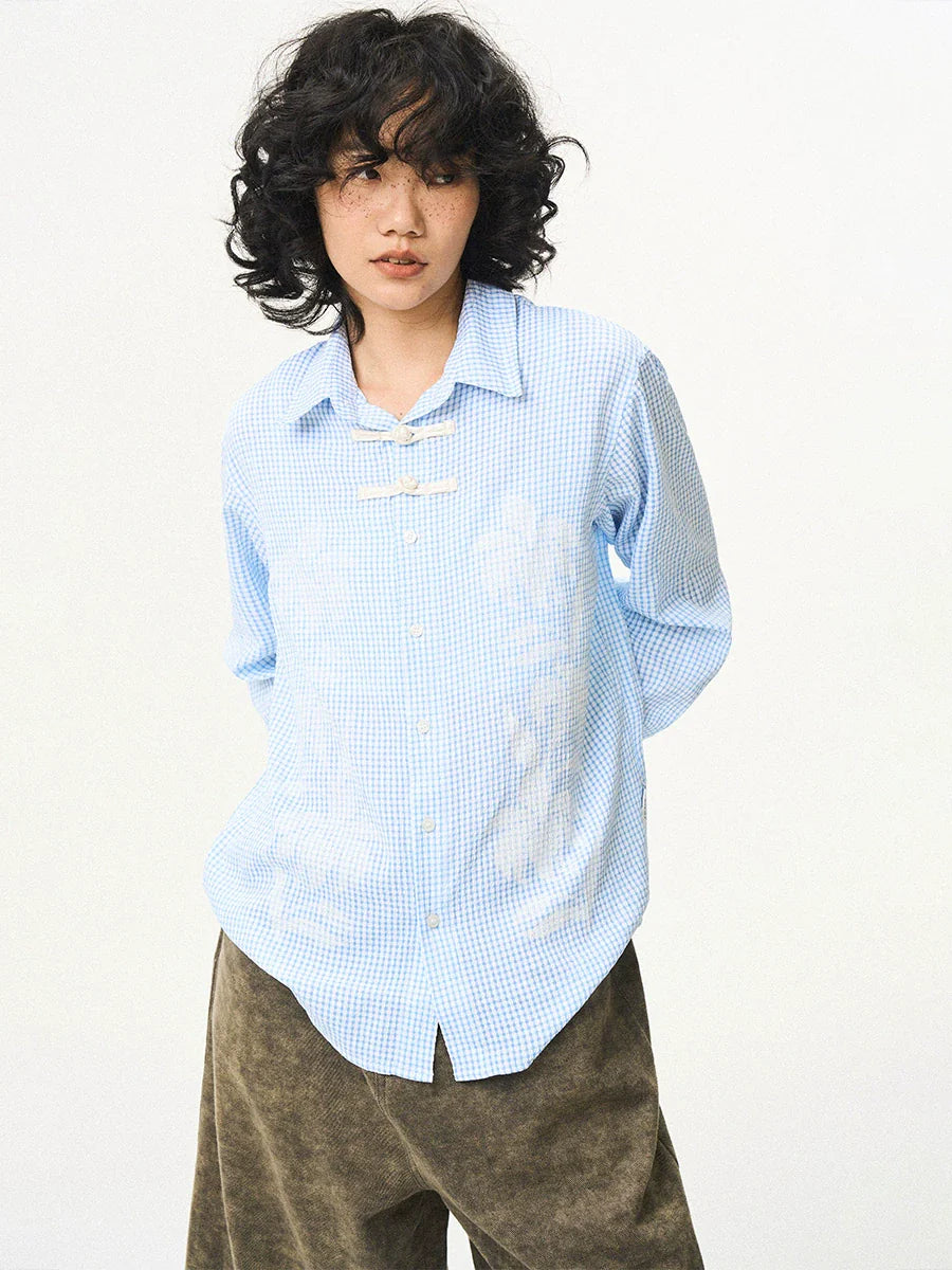 EMPTY REFERENCE Printed Blue Plaid Long Sleeve Shirt