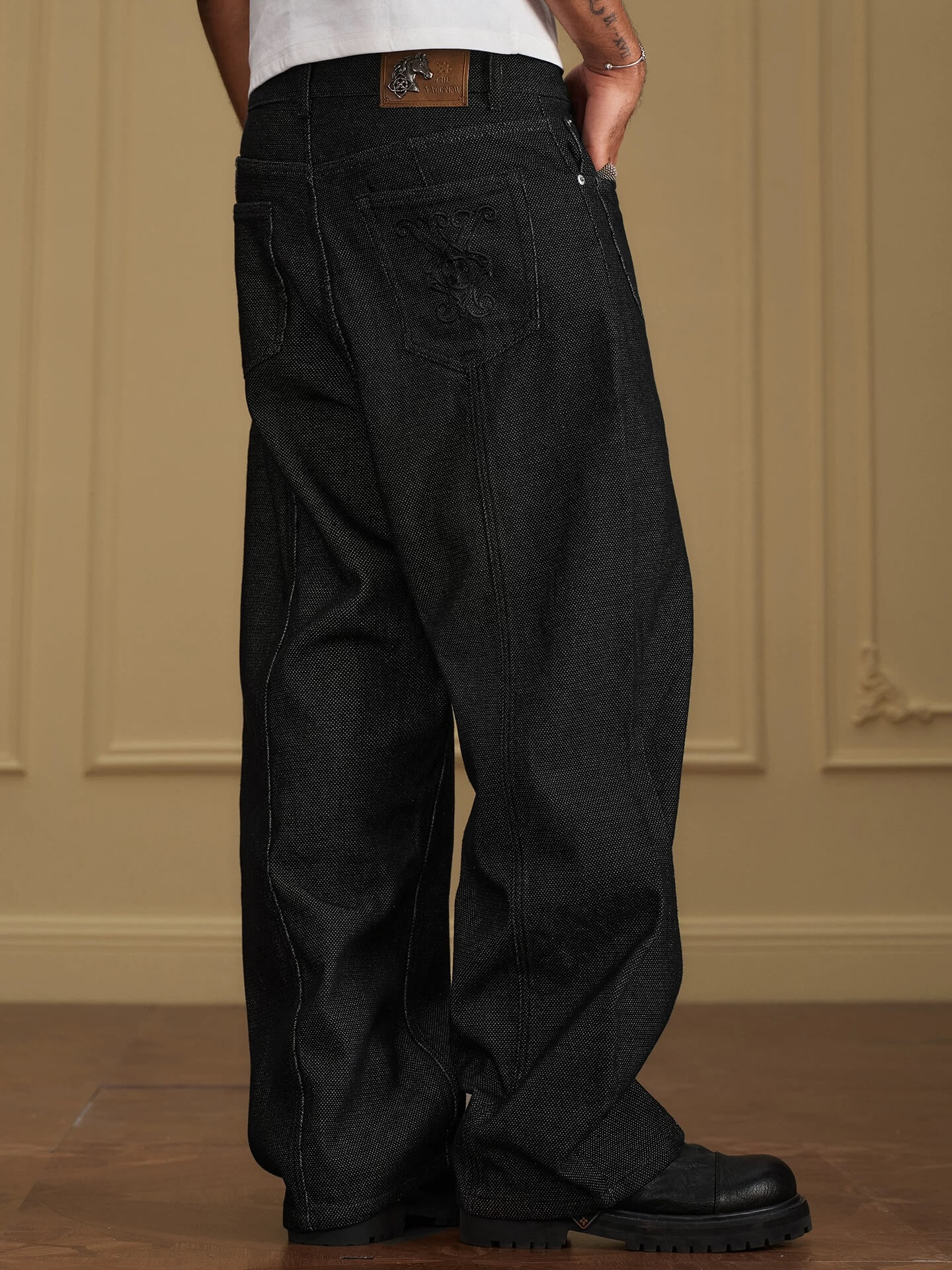 YADcrew Five Button Black Denim Baggy Jeans