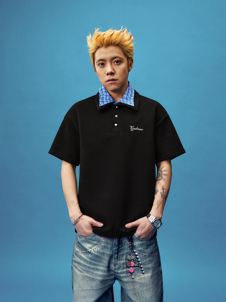 YADcrew Double Collar Layered Twisted Plaid Polo