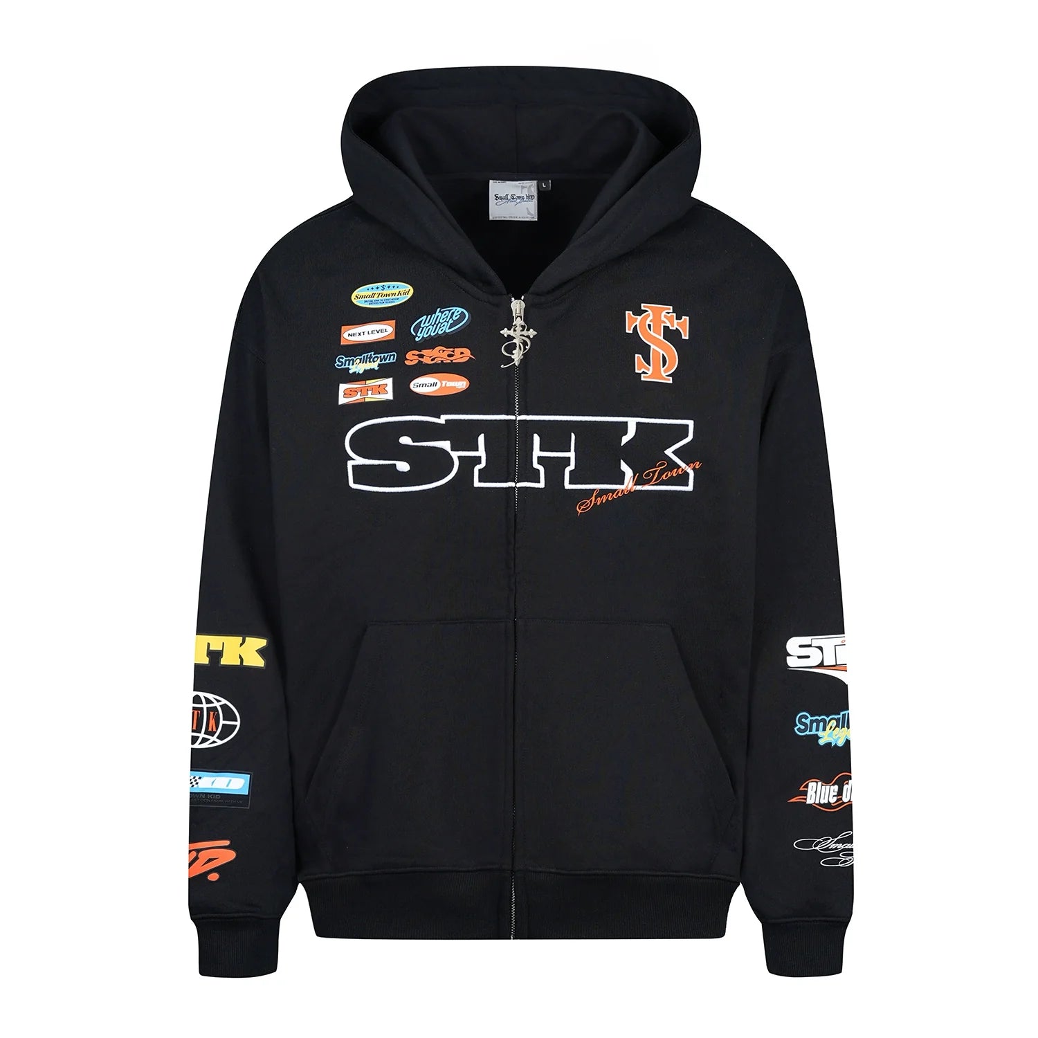 Small Town Kid Racing Badge Printed and Embroidered Zip-Up Hoodie