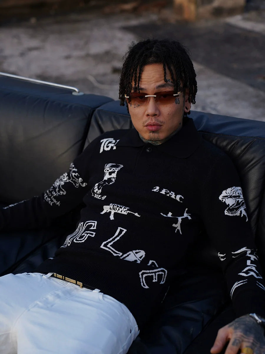 TGFCLUB 2PAC Tattoo Slim Fit Polo Knit Sweater