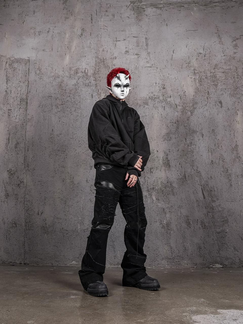 UNDERWATER Aged Silhouette Shirred Biker Armor Zip-Up Hoodie