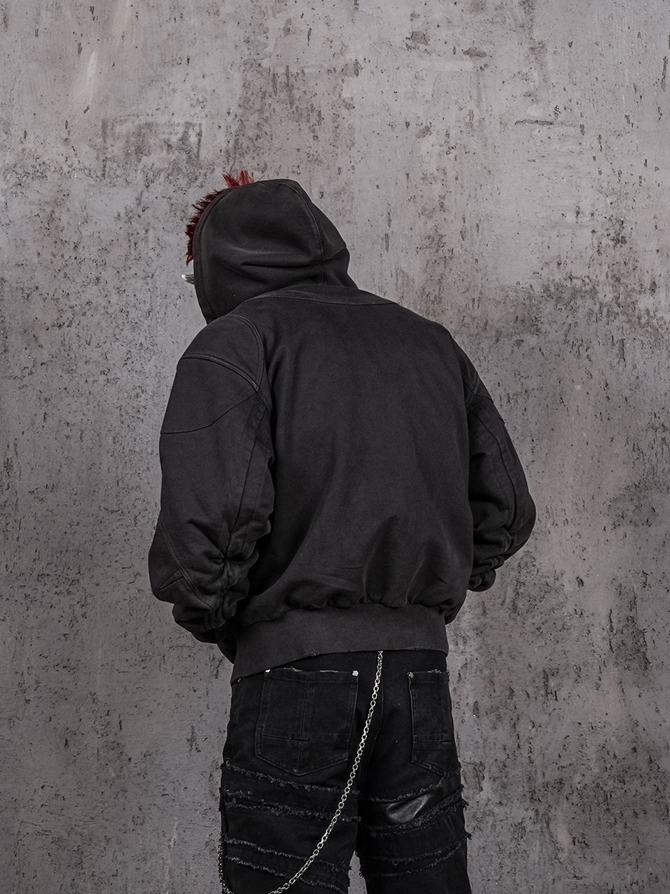 UNDERWATER Aged Silhouette Shirred Biker Armor Zip-Up Hoodie