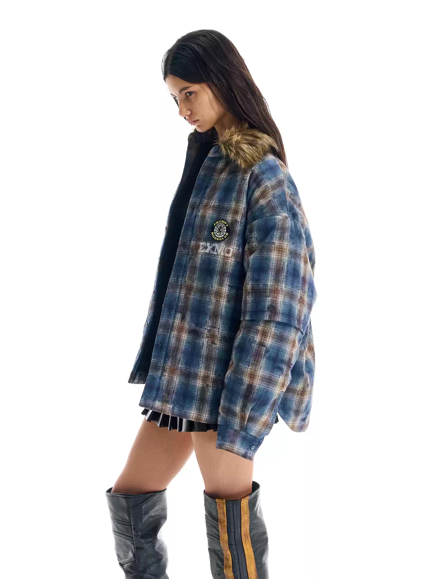 BLIND NO PLAN Fur Collar Plaid Padded Shirt Jacket