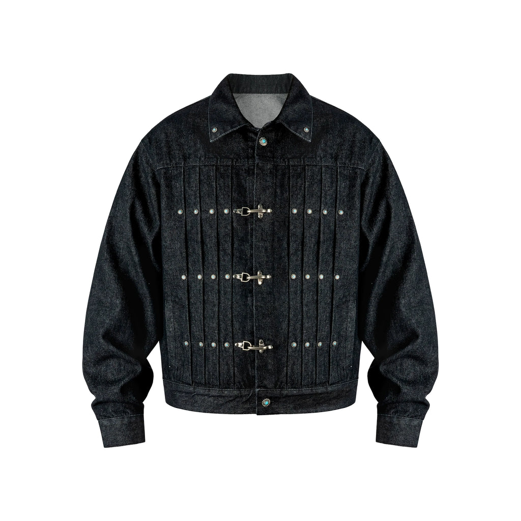 ANTIDOTE Turquoise Studded Pleated Buckle Denim Jacket