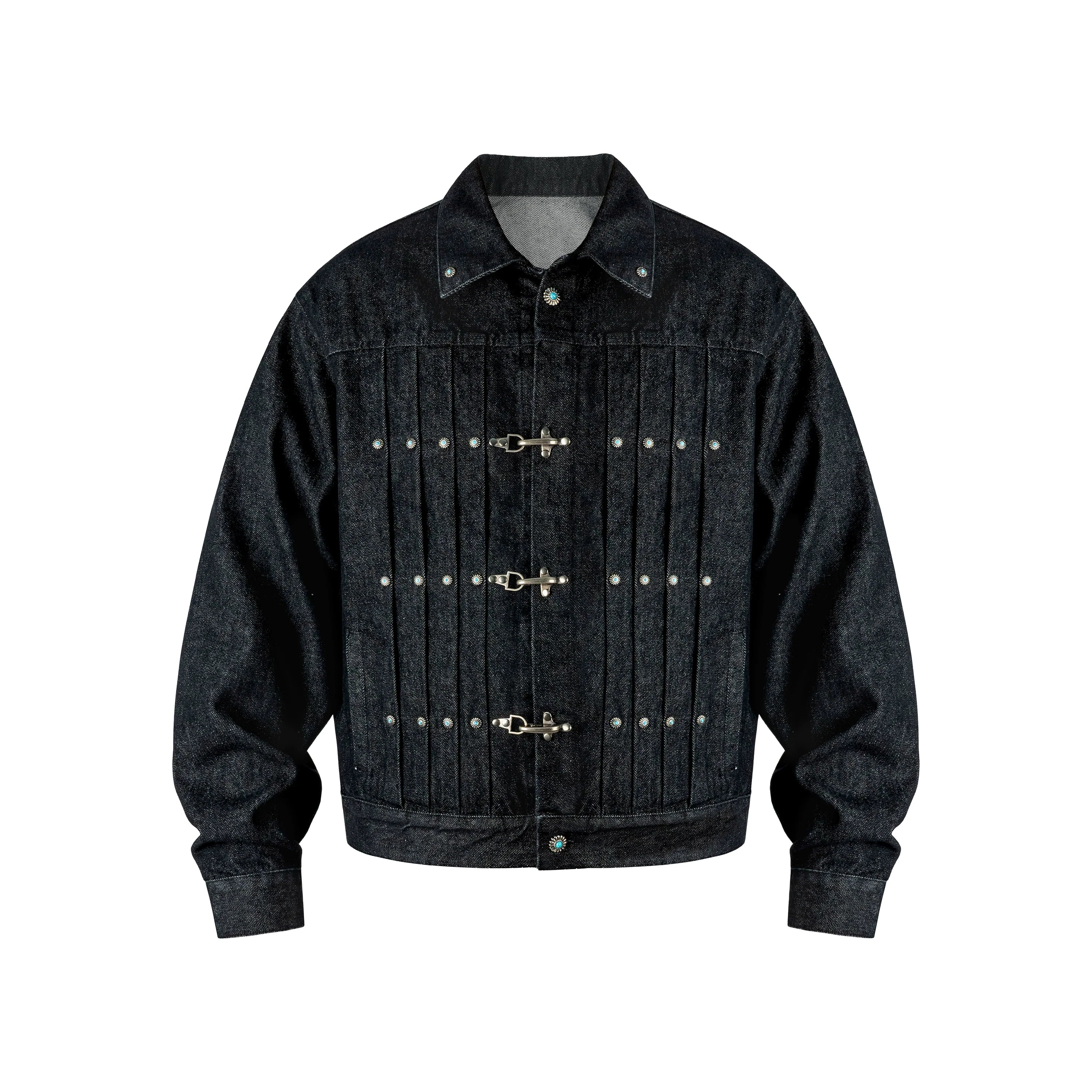 ANTIDOTE Turquoise Studded Pleated Buckle Denim Jacket