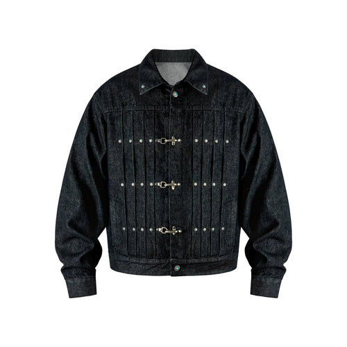 ANTIDOTE Turquoise Studded Pleated Buckle Denim Jacket