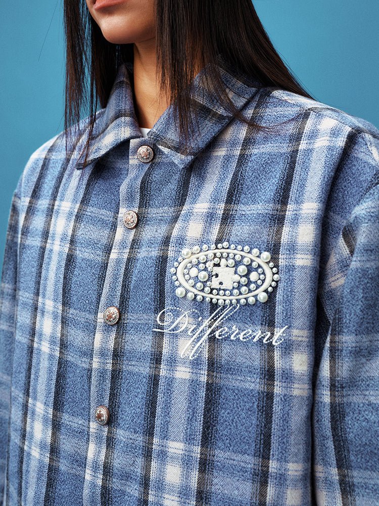 YADcrew Pearl-Embroidered Plaid Long-Sleeve Shirt