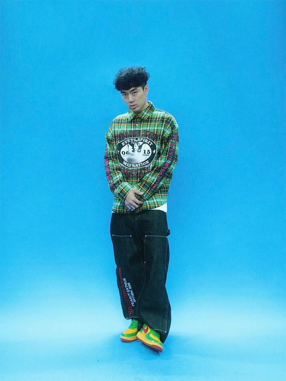 EVETS Plaid Color Block Graphic Long Sleeve Shirt