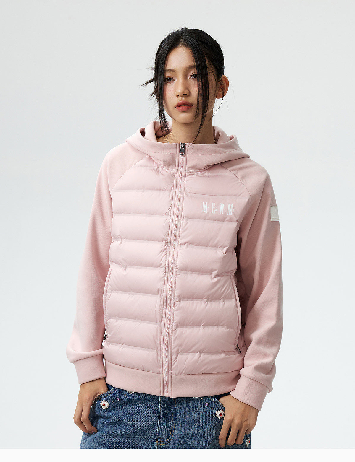 MEDM Patchwork Raglan Sleeve Lightweight Hooded Down Jacket