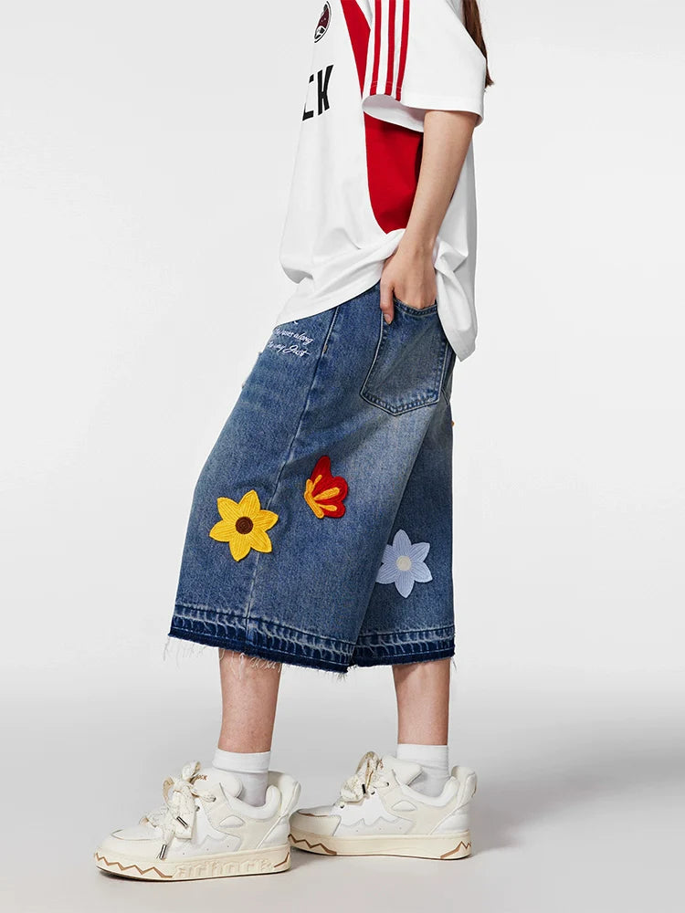 Achock Creative Letter Petal Embroidery Denim Shorts