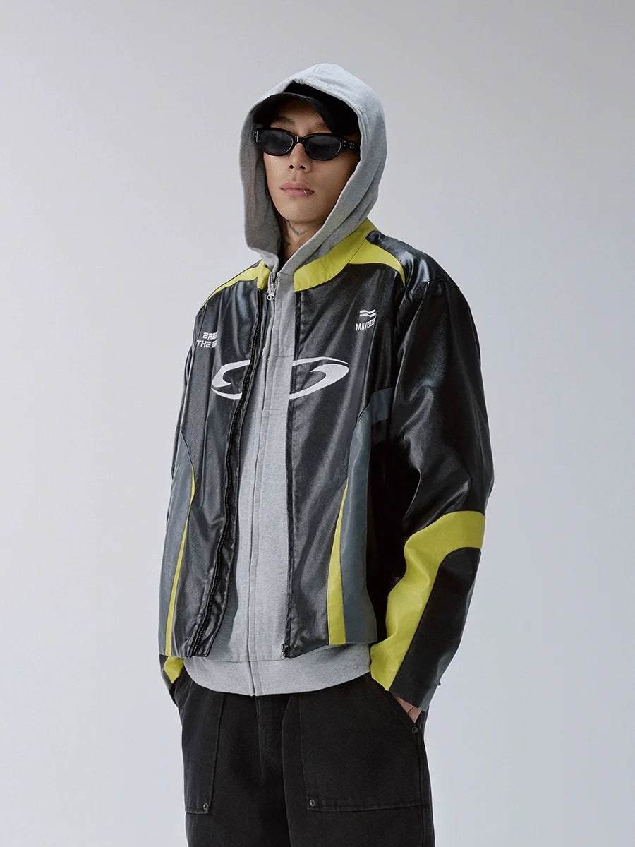F2CE Color Block PU Leather Racing Jacket