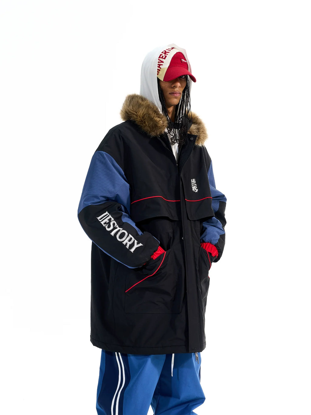 BLIND NO PLAN Color Block Fur Collar Coat
