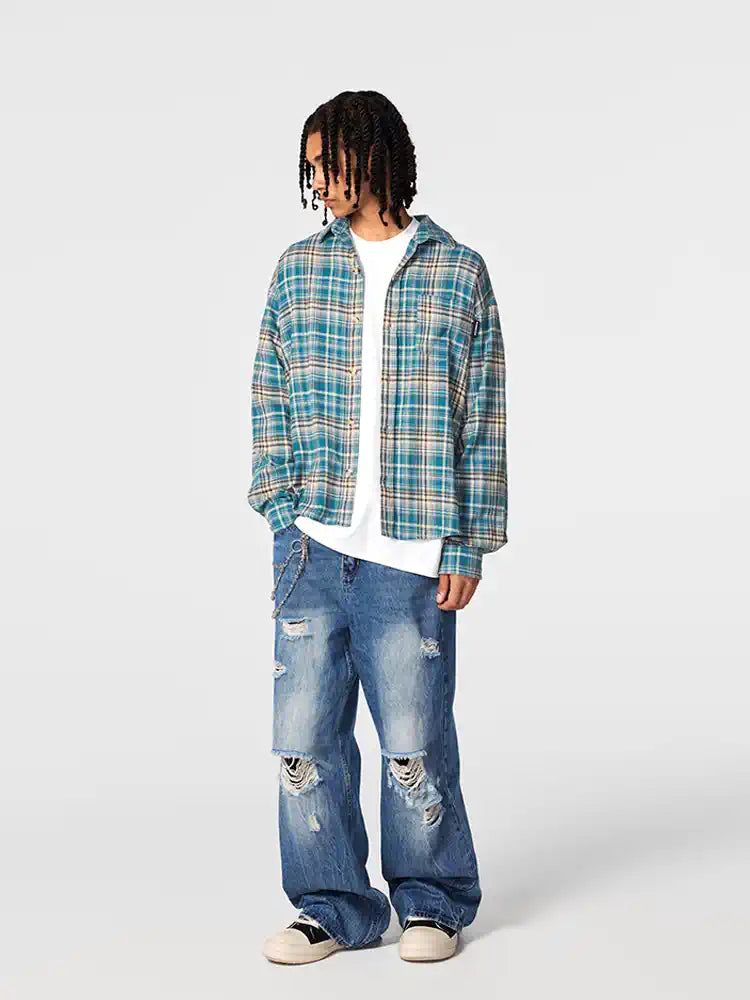 Achock Blue Plaid Long Sleeved Flannel Shirt
