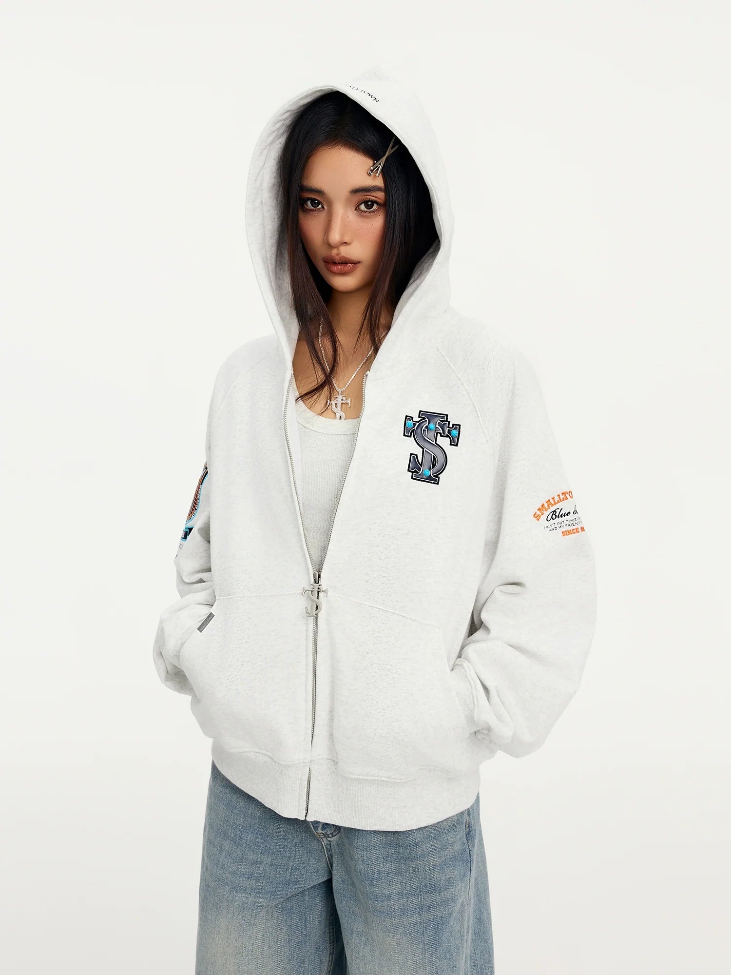 Small Town Kid Turquoise Studded Badge Embroidered Zip-Up Hoodie