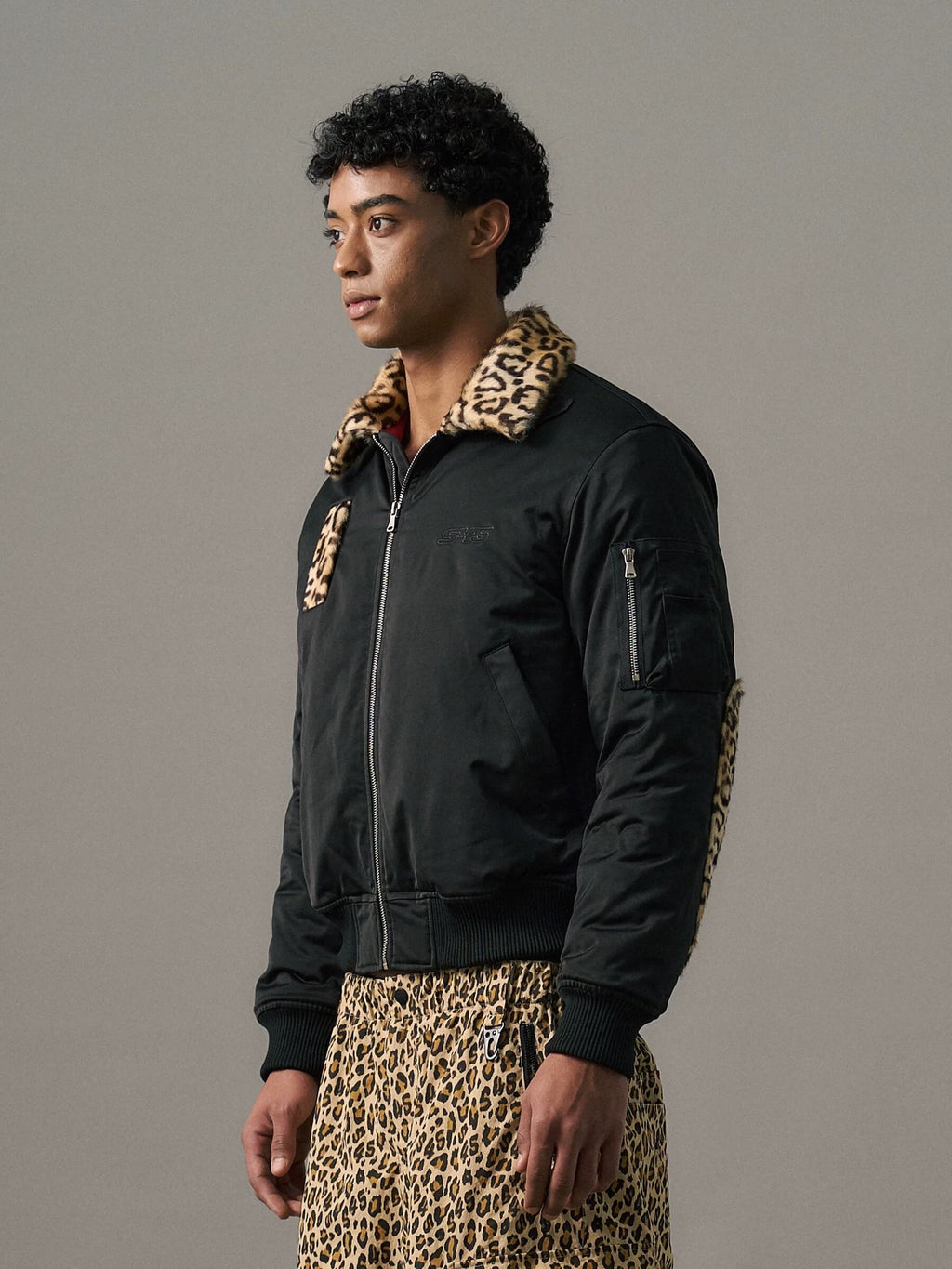 S45 Leopard Trim Patchwork MA-1 Bomber Jacket