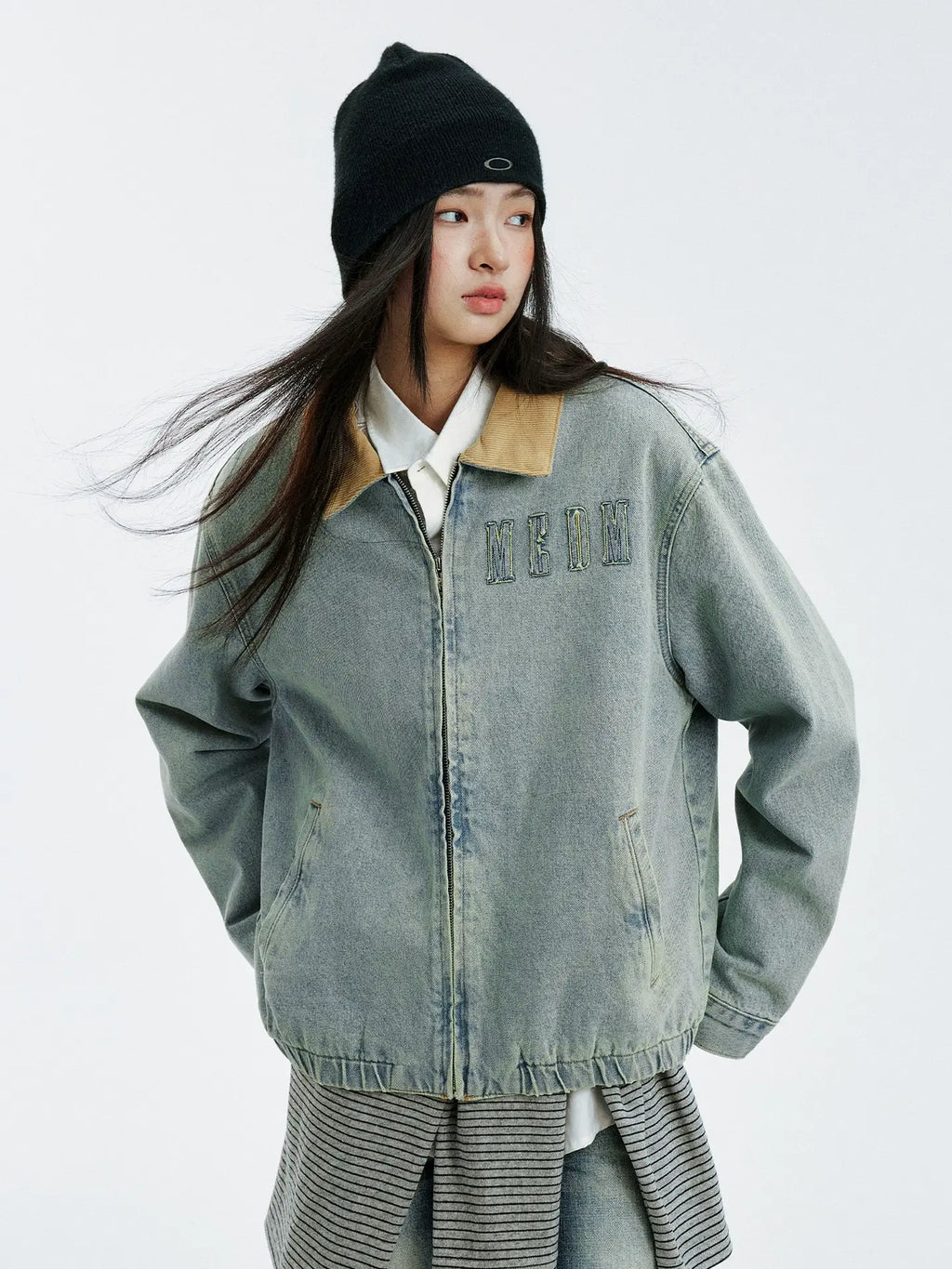 MEDM Corduroy Collar Washed Denim Jacket