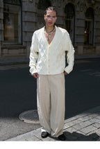 STEEPC Wool Blend Diamond Cable Knit Pearl Cardigan
