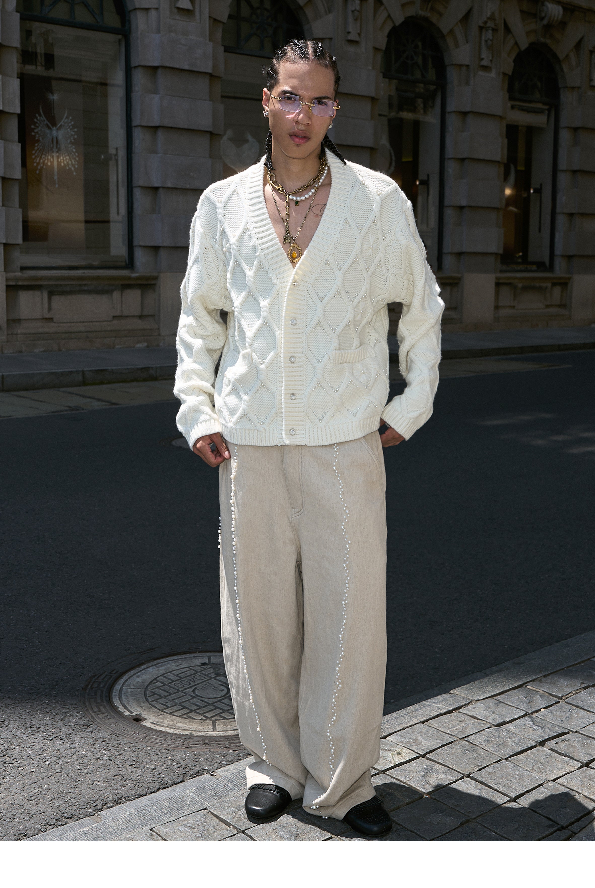 STEEPC Wool Blend Diamond Cable Knit Pearl Cardigan