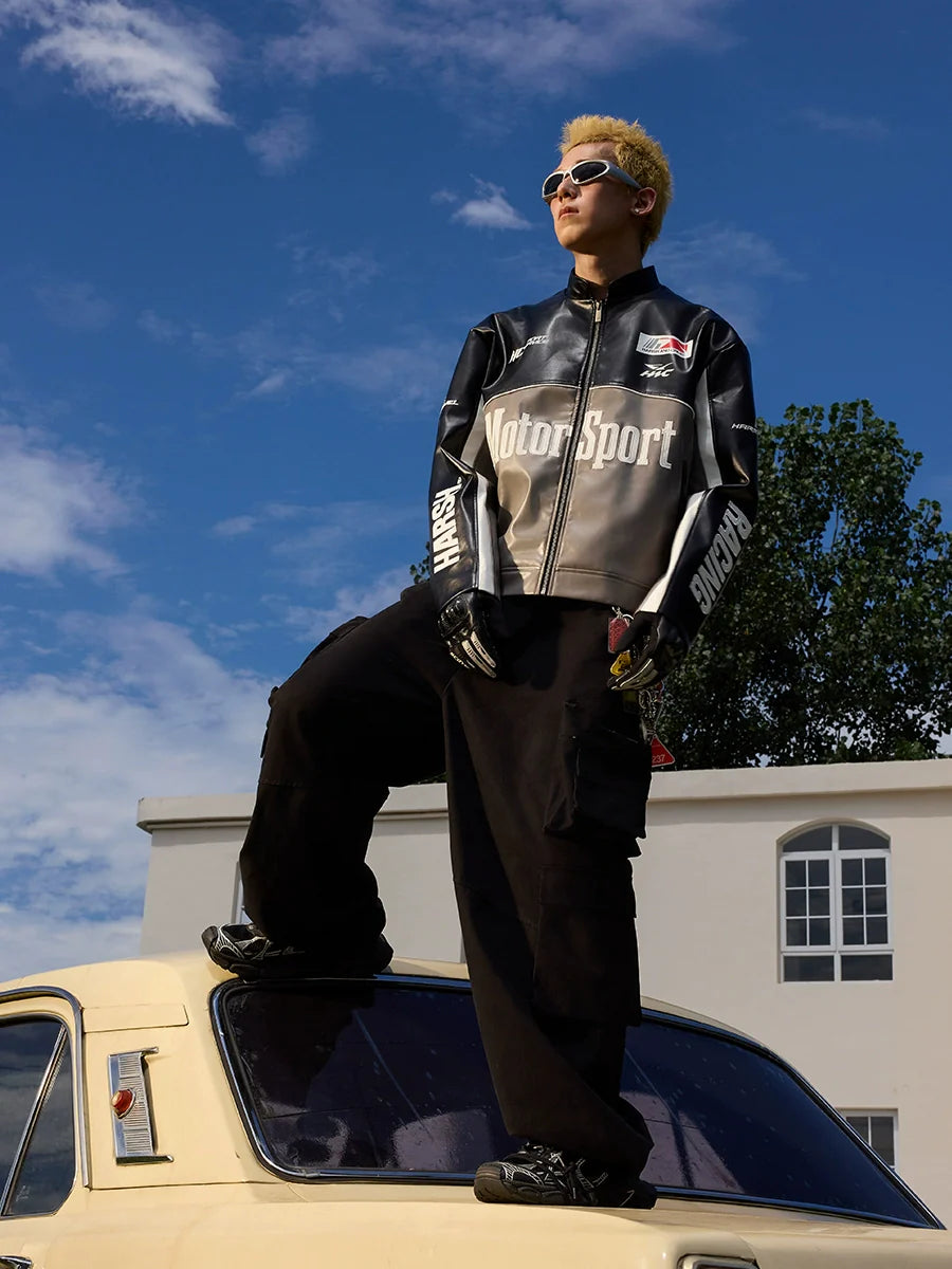 Harsh and Cruel Stand Collar Embroidered Racing Leather Jacket