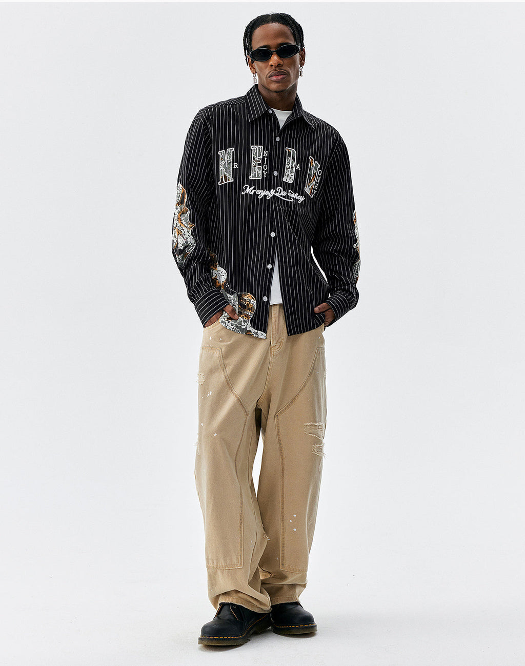 MEDM Lace Embroidered Striped Long Sleeve Shirt