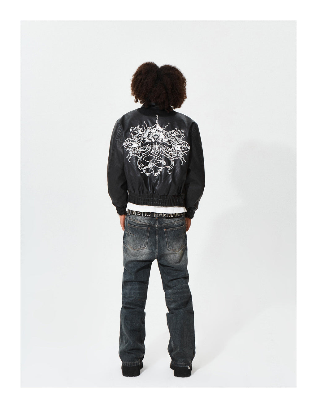 KARMANISTIC Graphic Embroidered Leather Short Bomber Jacket
