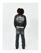 KARMANISTIC Graphic Embroidered Leather Short Bomber Jacket