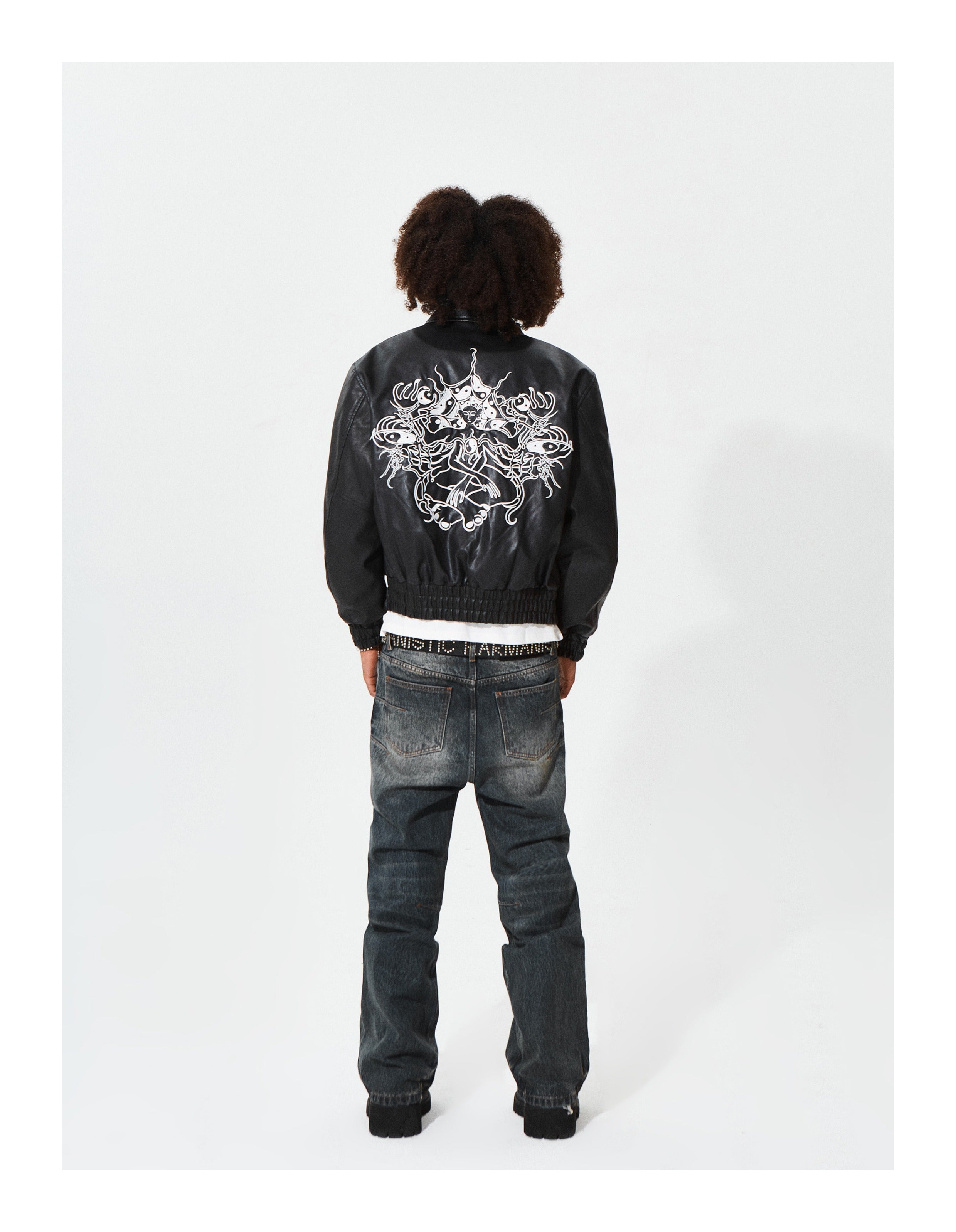 KARMANISTIC Graphic Embroidered Leather Short Bomber Jacket