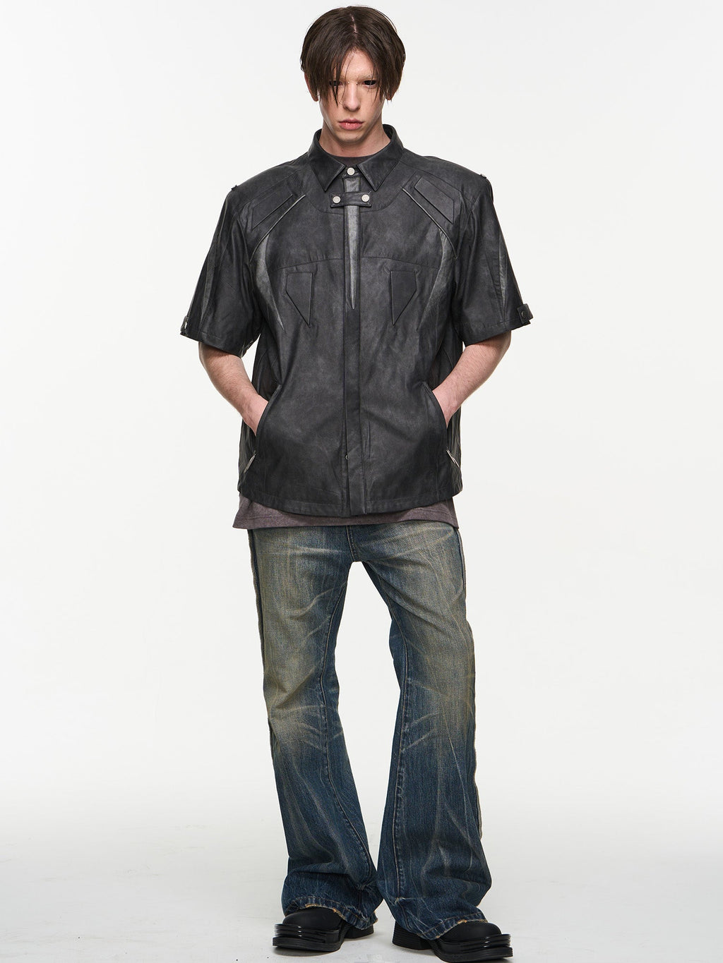 BLIND NO PLAN Patchwork Leather Biker Short Sleeve Shirt
