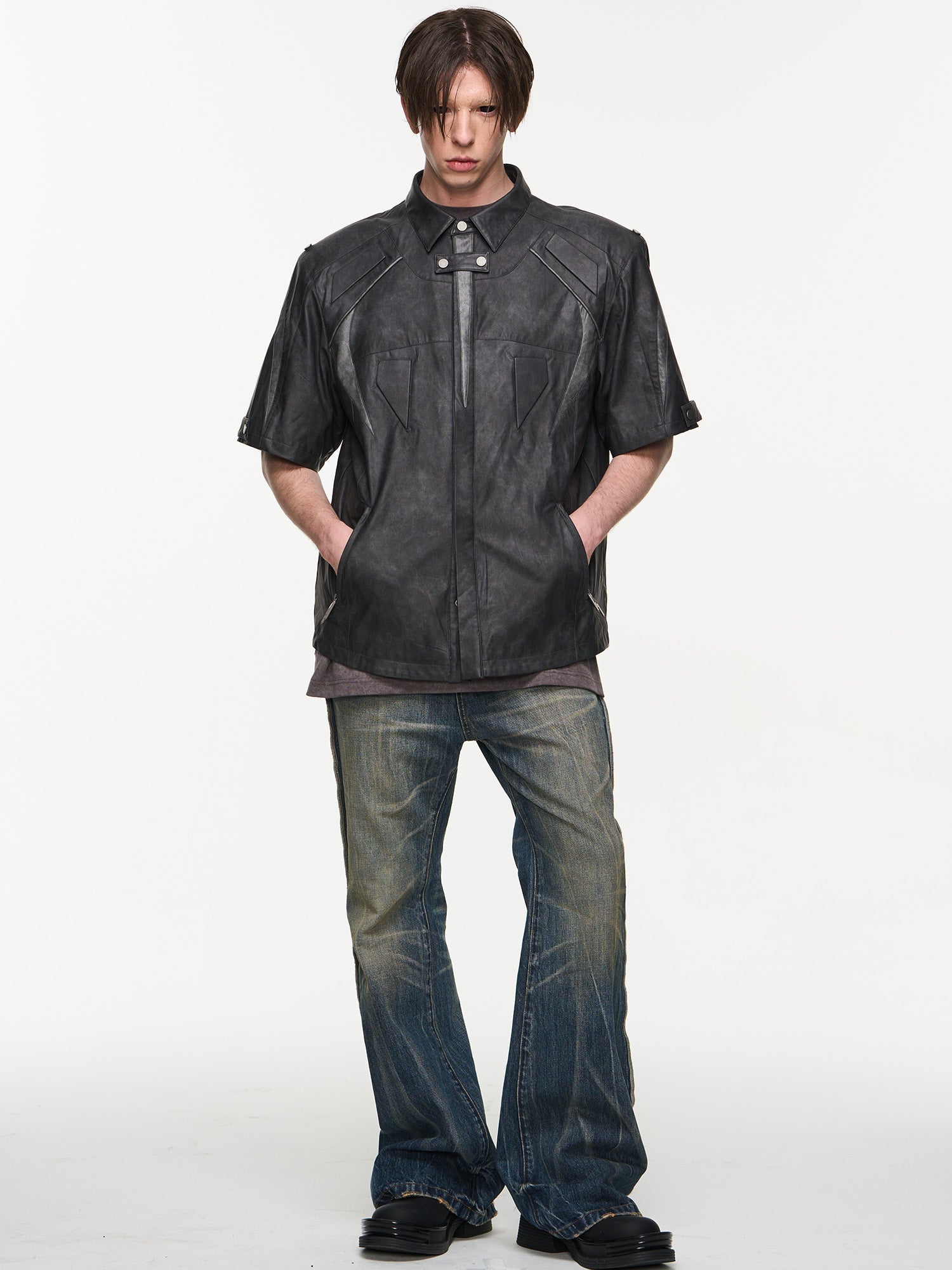 BLIND NO PLAN Patchwork Leather Biker Short Sleeve Shirt
