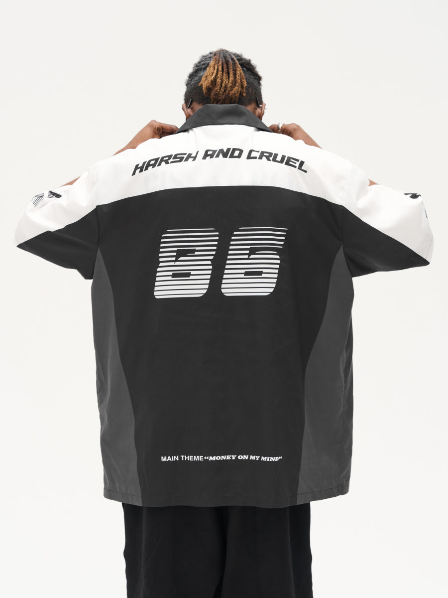 Harsh and Cruel Color Blocking Handwritten Lapel F1 Racing Suit Shirt