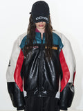 BLIND NO PLAN Colorblocked Embroidered Racing Leather Jacket