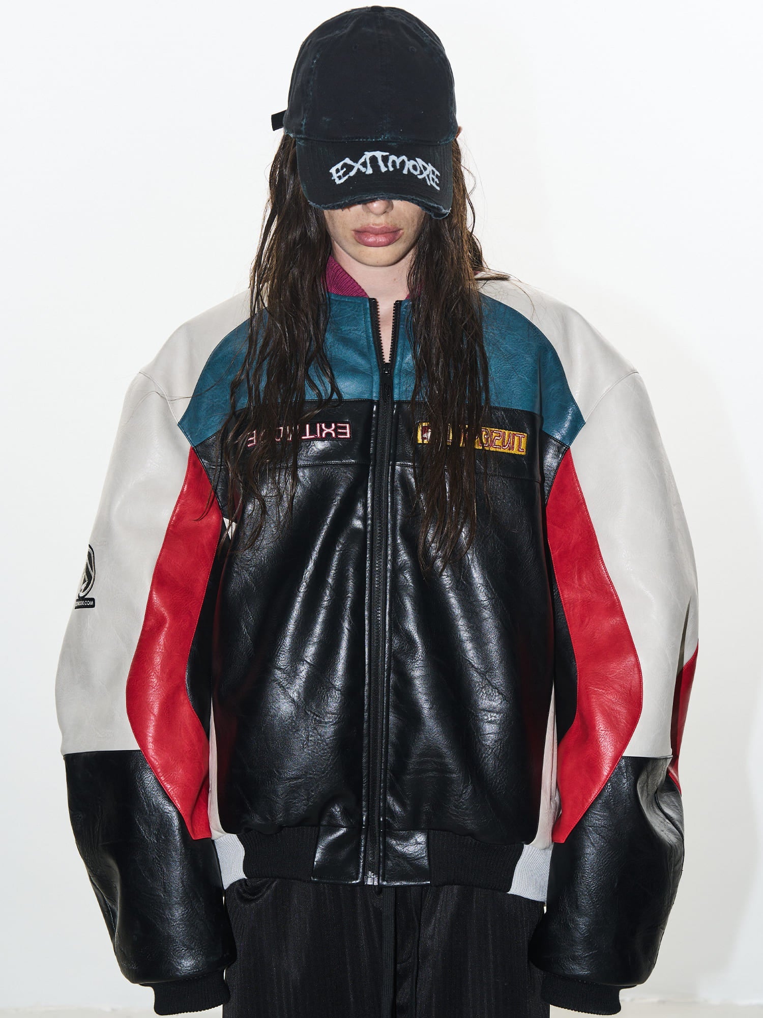 BLIND NO PLAN Colorblocked Embroidered Racing Leather Jacket